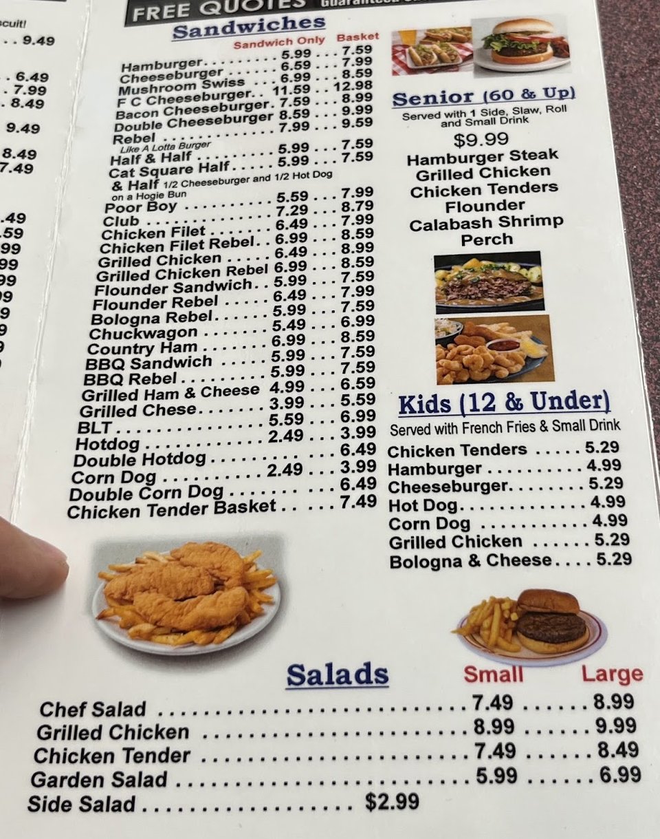 Restaurant menu page with classic family meals.